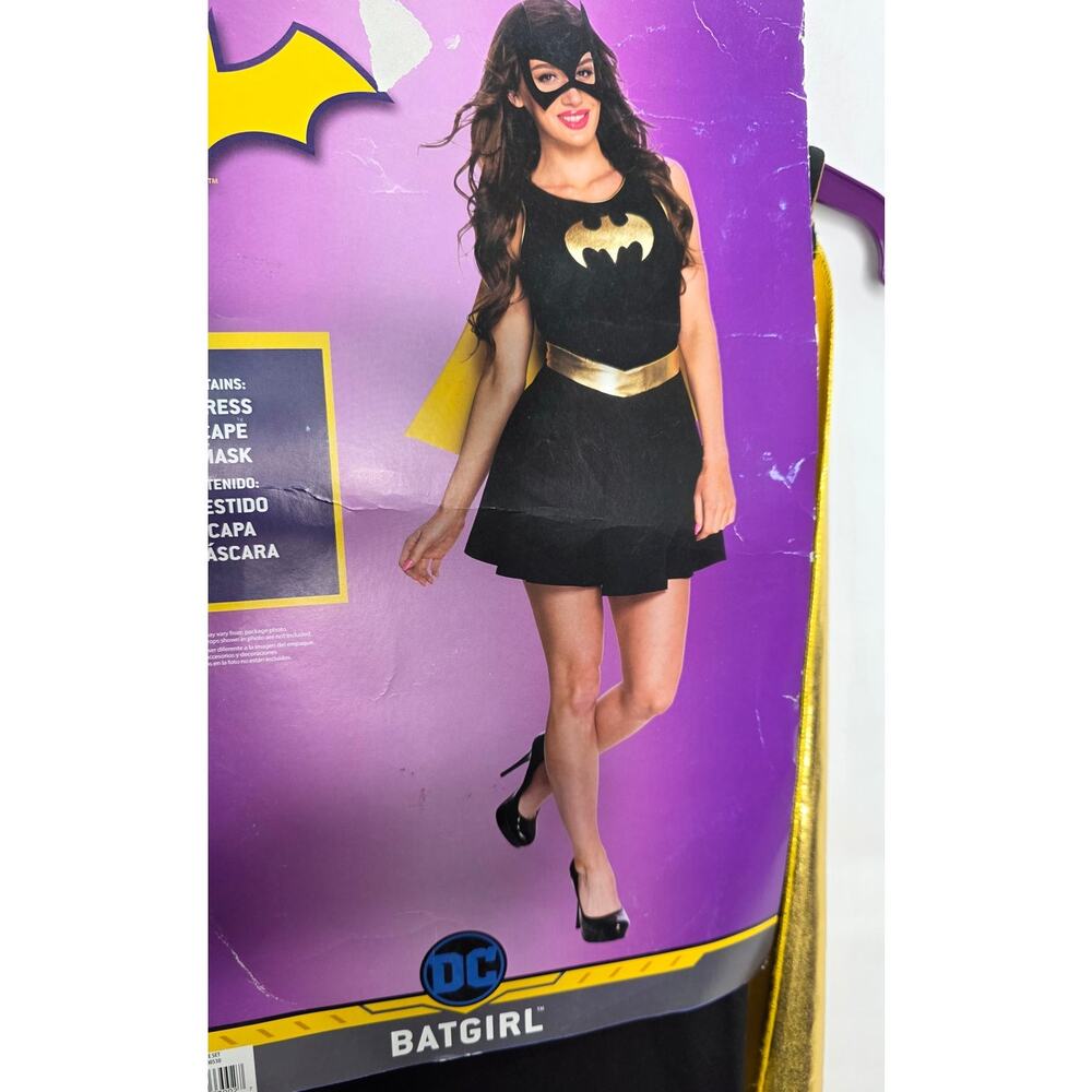 DC Batgirl Costume Women's Large 12-14 Black Gold Dress Cape Mask 3 Pc
